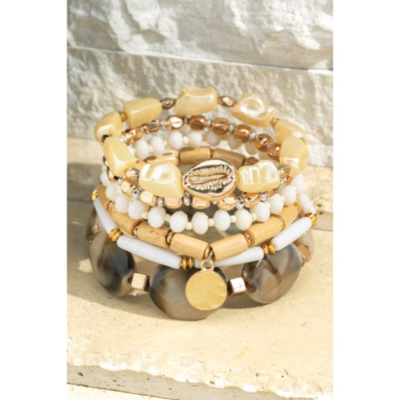 SOLD OUT Island Dreams Boho Wood Metal Stone Glass Bead Coin Stretch Bracelet - Picture 3 of 3